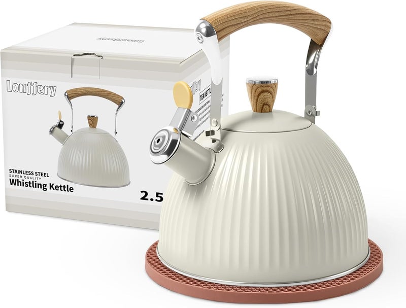 Lonffery Tea Kettle for Stove Top, 2.5 Quart Whistling Tea Kettle, Stainless Steel and Wood Pattern Folding Handle, Creamy White - Image 1